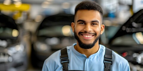 Mechanic smiling in auto repair shop with open car hoods in the background. Concept Automotive Repair, Smiling Mechanic, Open Car Hoods, Auto Workshop, Industrial Setting