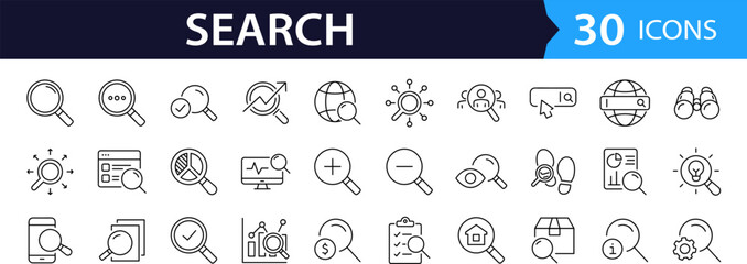 Search set of web icons in line style. Magnifying glass linear icon collection. Containing SEO, Digital marketing, data analysis, management, investigate, find and more. Editable stroke