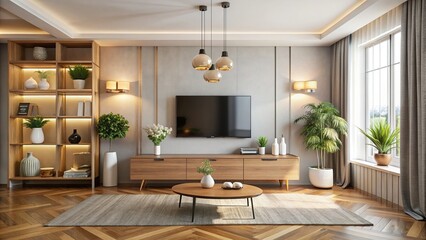 Sticker - Modern living room interior with TV cabinet, lamps, tables, flowers, and plants, modern, living room, interior, TV cabinet