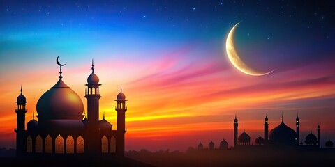 Crescent moon and mosque silhouette on a colorful background for Eid and Ramadan celebration, Ramadan, Eid, Islamic