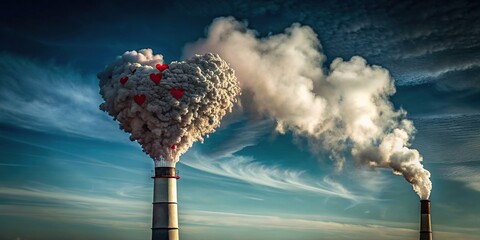 Wall Mural - Factory smokestack emitting hearts and lungs instead of smoke, factory, smokestack, hearts, lungs, pollution, environment