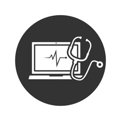 Poster - Computer diagnostic icon, medical or industry examination, stethoscope with laptop, technology maintenance, pulse on the screen, symbol on white background