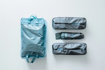 An overhead shot of a packing cube set and a compression bag on a clear white background.