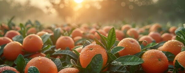 close-up of ripe juicy oranges growing in a lush green orchard, bathed in warm sunlight.