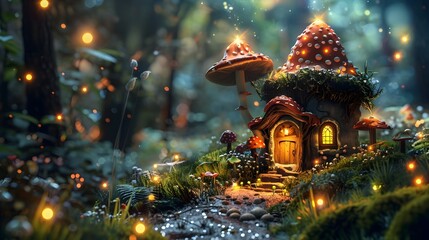 Poster - Enchanting Fairy House in Glowing Mushroom Filled Fantasy Forest Landscape