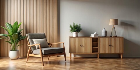 Wall Mural - Interior featuring a wooden cabinet and armchair in rendering, wooden, cabinet, armchair, interior design