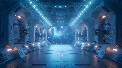 Poster - futuristic space station with friendly robots twinkling stars and high tech gadgets for kid