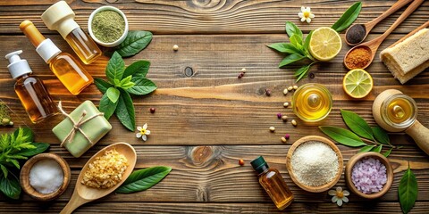 Wall Mural - Composition of natural cosmetics and ingredients on a wooden background, natural, cosmetics, ingredients, organic