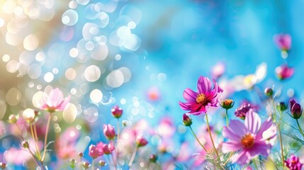 Poster - Blurred natural bokeh background with flowers and blue sky