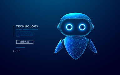 Aufkleber - Abstract digital AI robot with neon eyes on dark blue technology background. 3D low poly wireframe chatbot. Cute character bot on tech bg. Vector polygonal illustration in light blue futuristic colors