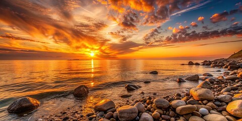 Wall Mural - Elegant view of orange-hued sunset over the sea with stones on the shore, serene, sunset, sea, elegant, orange hue, horizon