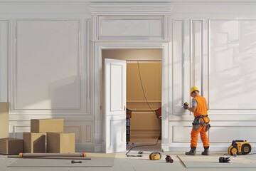 Poster - A skilled worker installs a new door in a modern room, demonstrating professional craftsmanship and attention to detail. Generative AI