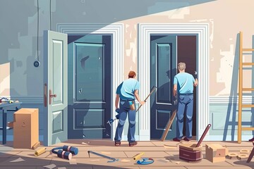 Poster - Two workers installing new door in room renovation. Old door nearby, tools scattered on floor. Generative AI