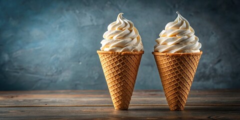 Wall Mural - Two delicious soft serve ice cream cones in crispy waffle cones , dessert, delicious, summer, treat, vanilla, chocolate, swirl