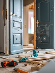 Poster - A close-up shot of a new door being installed, with tools scattered around, highlighting the meticulous process. Generative AI