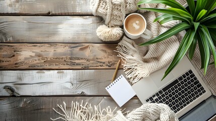 Poster - minimalist remote work setup with laptop coffee cup and notepad on cozy home office desk
