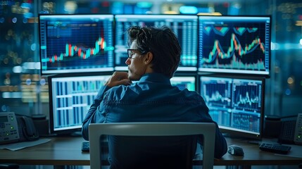 Poster - Professional Financier Analyzes Data on Multiple High Tech Monitors in a Focused Business Environment