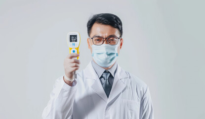 Poster - A doctor wearing protective is holding an infrared temperature test device in his hand, with the background of white walls and a pure gray environment