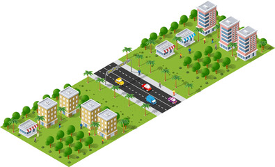 Wall Mural - A small town surrounded by trees and a road, flat, isometric map, urban planning, suburban neighborhood. 3D illustration