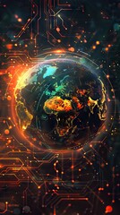 Wall Mural - 3d illustration of detailed virtual planet Earth. Technological digital globe world. AI generated illustration