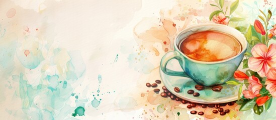 Poster - Watercolor cup of coffee with coffee grains and flowers pastel background. with copy space image. Place for adding text or design