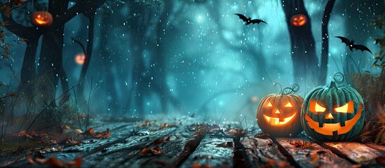 Poster - Halloween Pumpkins On Wood In A Spooky Forest At Night. Copy space image. Place for adding text or design