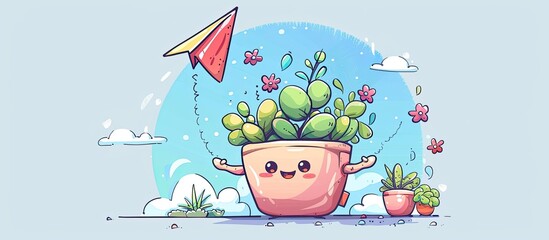 Wall Mural - flowerpot cartoon character throwing paper airplane , cute style design for t shirt, sticker, logo element. with copy space image. Place for adding text or design