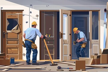 Poster - Two workers in hard hats are replacing a door, old one still visible. Tools scattered around, showing the ongoing process. Generative AI