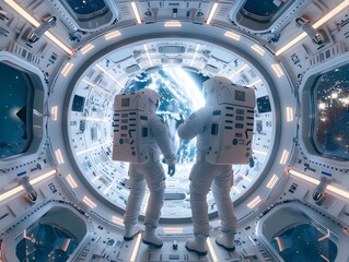 Poster - Astronauts Interacting with Advanced Technology in Futuristic Space Station Interior