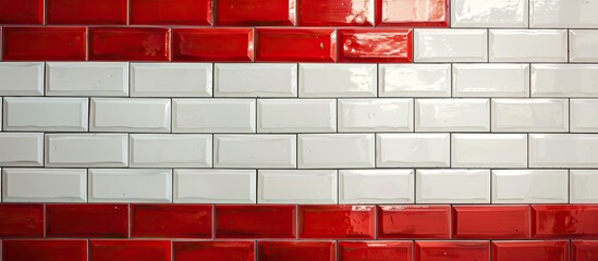 Sticker - Horizontal rectangular tiled wall in bathroom in detail.  Tiles red and white chinks. with copy space image. Place for adding text or design