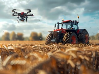 Poster - Smart Farming with Drones and Automated Tractors in Agricultural Fields High Tech Agriculture Concept