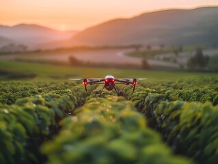 Poster - Drone capturing smart farming with automated tractors in lush green fields at scenic sunrisesunset