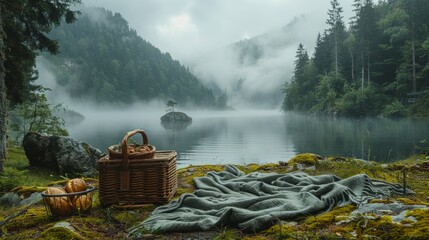 Misty lake with picnic basket and blanket in the foreground.