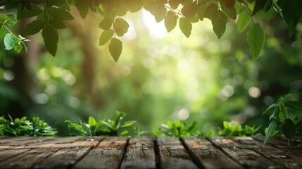 Poster - Blurry green nature background with wooden flooring