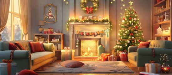 Aufkleber - Cozy living room interior for new year and christmas celebration. with copy space image. Place for adding text or design