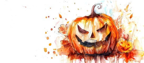 Poster - Halloween Face Pumpkin water color. Copy space image. Place for adding text or design