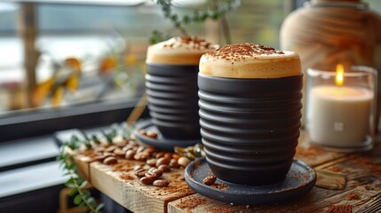 Two cups of coffee on a wooden table. There are some nuts and a candle near the cups. The background is a window with a view of the sea.