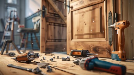 Poster - Close-up of a woodworking project in progress, showing a craftsman installing a new door with precision tools, highlighting the craftsmanship and care involved. Generative AI
