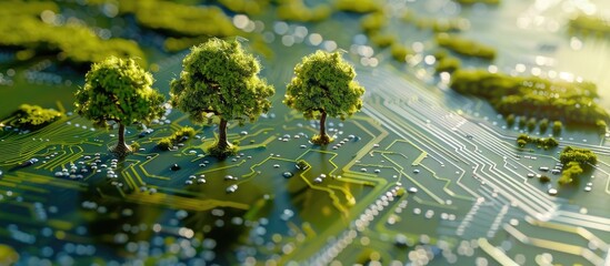 Poster - Trees are growing on circuit board technology innovations. Digital Convergence and Technology Convergence.Green Computing, Green Technology, Green IT, CSR, and IT ethics Concept