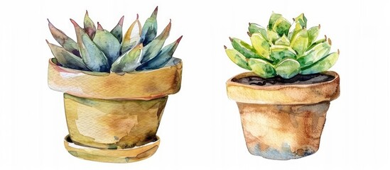 Poster - Watercolor succulent houseplant cactus with thorns in flower pot closeup isolated on white background. Hand painting on paper. with copy space image. Place for adding text or design