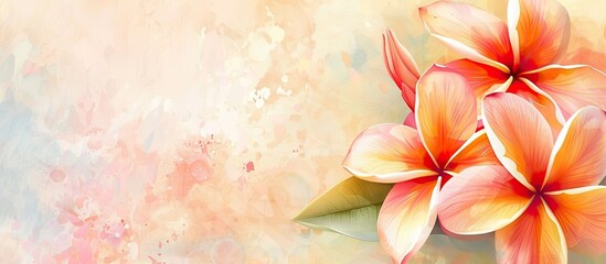 Wall Mural - Watercolor bright Plumeria isolated on a pastel background. with copy space image. Place for adding text or design