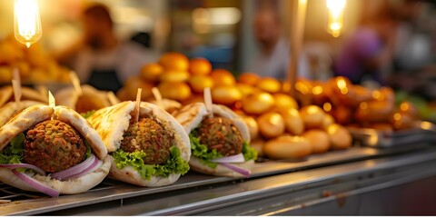 Wall Mural - Freshly Made Falafel Sandwiches at a Bustling Middle Eastern Market Stand. Concept Falafel, Middle Eastern Cuisine, Food Market, Street Food, Flavorful Sandwiches