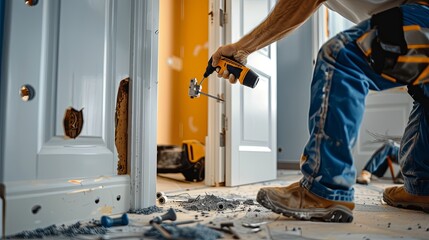Poster - A construction worker installs a new door, utilizing a drill and screws. Tools and debris are scattered around the work area. Generative AI