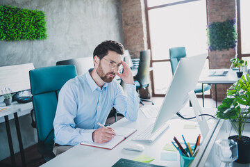 Sticker - Portrait of elegant corporate worker man take notes book wear shirt loft interior business center indoors