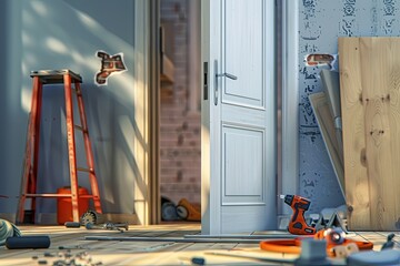 Poster - An image capturing the detail and professionalism of an interior door installation project, showcasing the old door, new door, tools, and ladder. Generative AI
