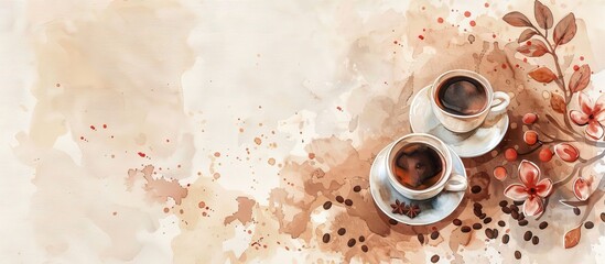 Watercolor cup of coffee with coffee grains and flowers pastel background. with copy space image. Place for adding text or design