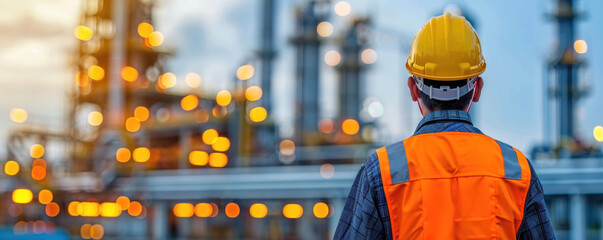 A man in a yellow hard hat stands in front of a large industrial plant. The scene is bright and colorful, with the man's orange safety vest standing out against the background