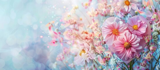 Aufkleber - Bouquet colorful cosmos flowers and heart . Holiday card. pastel background. with copy space image. Place for adding text or design