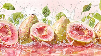 Wall Mural - Fresh guava fruits on a wave of juice, watercolor hand drawn illustration. 
