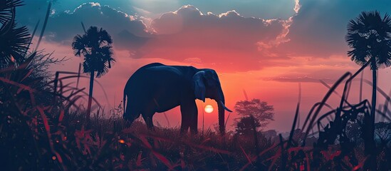 Silhouette elephant standing nearly big trees in safari with beautiful sunset twilight sky background. Copy space image. Place for adding text or design